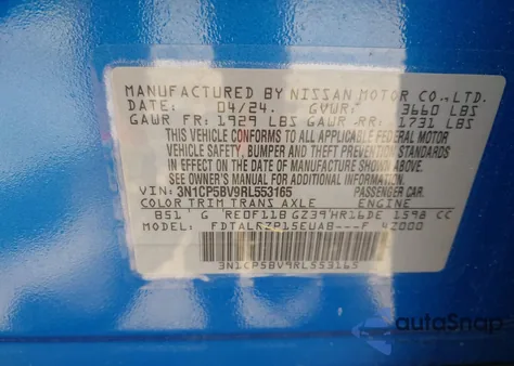 2024 Nissan Kicks S Xtronic Cvt from USA, damaged, VIN 3N1CP5BV9RL553165